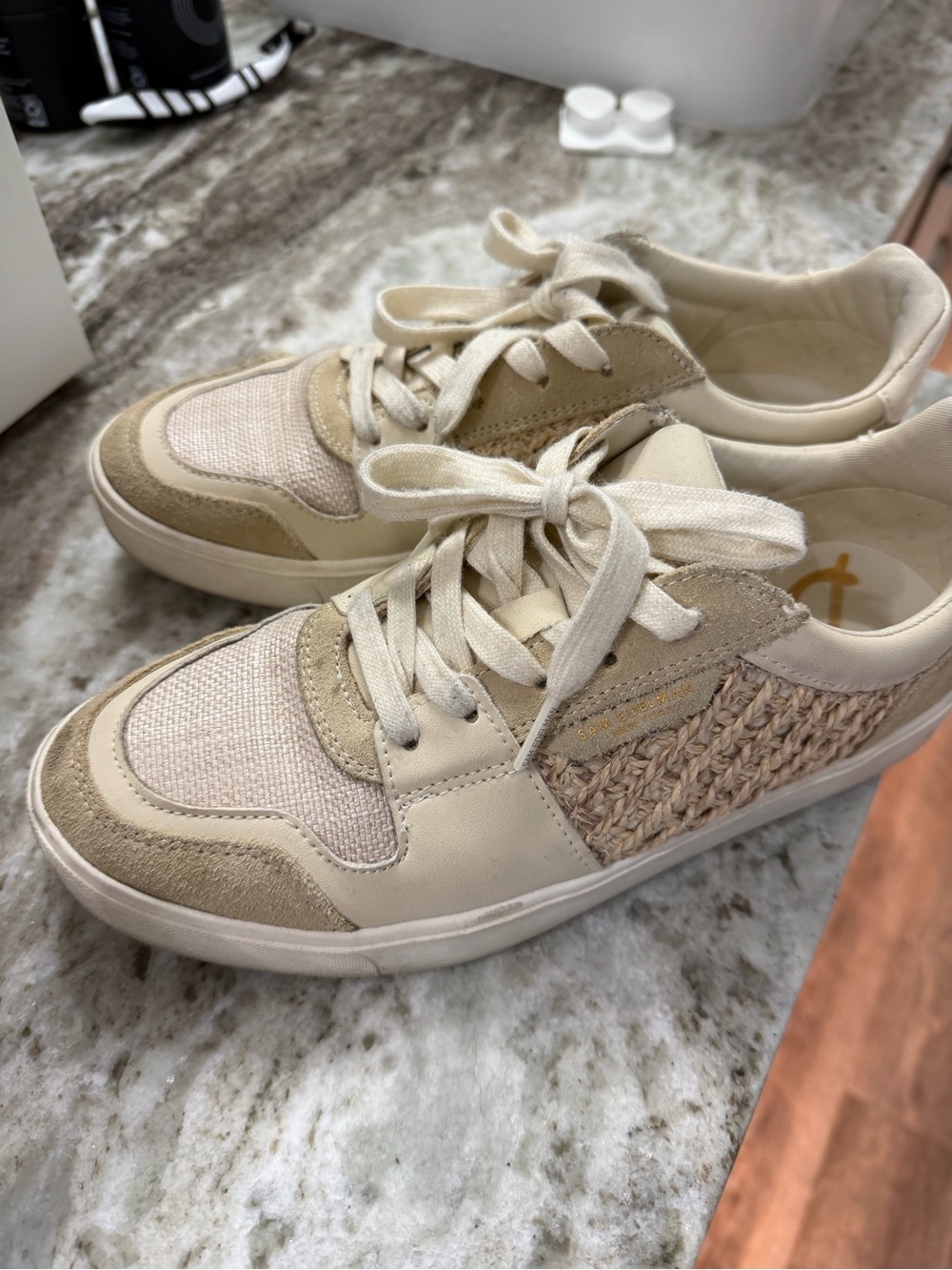 Sam Edelman Beige Mixed-Media Lace-Up Sneakers